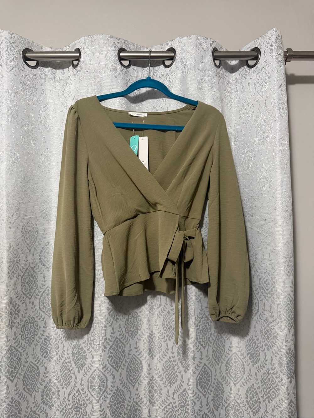 Timing Olive Wrap Peplum Blouse with Tie